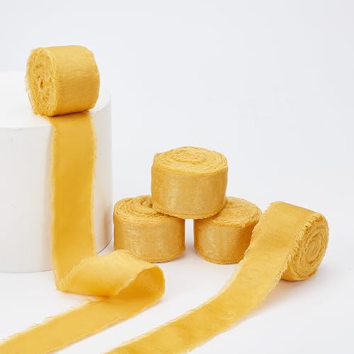 DELORIGIN 5 Rolle Ausgefranstes Satinband 25mmx5m Chiffonband Ausgefranstes Gelbe Band Ausgefranster Fransenstoff Seidenband Satinband Zum Verpacken von Geschenken Brautsträußen Schleifenherstellung von DELORIGIN