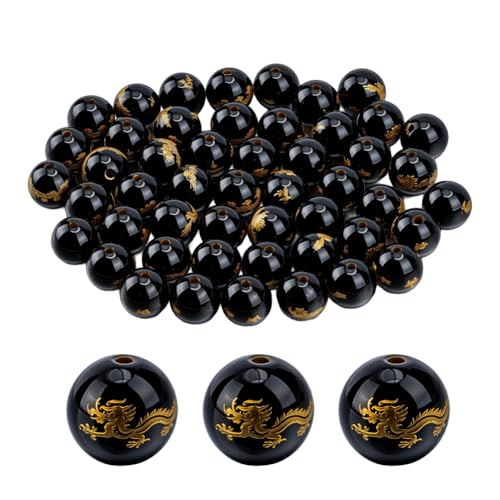 DELORIGIN 50 Stück Schwarze Achat Drachenperlen Chinesische Drachenperlen Achat Feng Shui Perle 8mm Rund Glatt Lose Perle Für Reichtum Glück Armband Halskette Schmuckherstellung von DELORIGIN