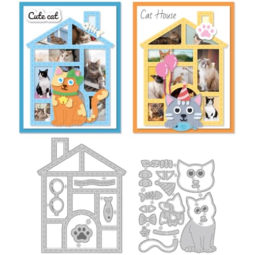 DELORIGIN Stanzformen Mit Katzenhaus Rahmen Kartenherstellung Stanzränder Schablone Metallstanzungen Scrapbooking Prägevorlage Für Karten Basteln Haustieralbum Einladung von DELORIGIN