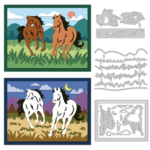 DELORIGIN Stanzformen Mit Mehrschichtigem Grasland Und Pferd Kartenherstellung Stanzformen Aus Karbonstahl Schablonen Scrapbooking Prägevorlage Für Grußkarten Fotoalbum Dekoration von DELORIGIN