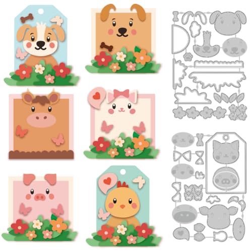DELORIGIN Stanzformen Mit Tiermotiven Zur Kartengestaltung Hund Huhn Schwein Kuh Kohlenstoffstahl Stanzformen Randetiketten Schablonen Für Scrapbooking Prägevorlage Für Papierbasteln DIY von DELORIGIN