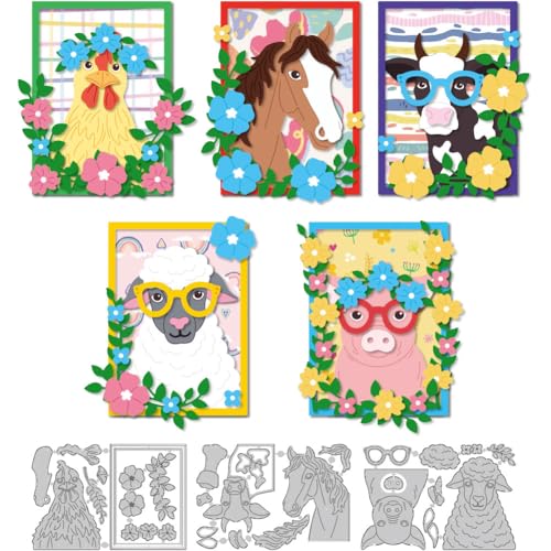 DELORIGIN Stanzschablone mit Bauernhoftier-Portraits, Kartenherstellung, Metall-Stanzformen, Karten, Scrapbooking, Prägeschablone für Grußkarten, Bastelalbum, Einladung, festliche von DELORIGIN