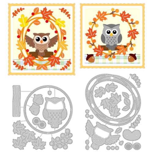 DELORIGIN Stanzschablone mit Eulen-Ahornblättern, Herbstkartenherstellung, Metall-Stanzformen, Kartengestaltung, Scrapbooking, Prägeschablone für Halloween, Grußkarten, Bastelalbum, Einladung von DELORIGIN