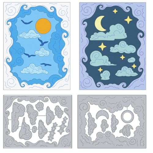 DELORIGIN Stanzschablone mit Wolkenbordüre, Sonne, Mond, fliegende Vögel, Kartenherstellung, Karbonstahl, Stanzformen für Karten, Scrapbooking, Prägeschablone für Grußkarten, Papier, Bastelalbum von DELORIGIN