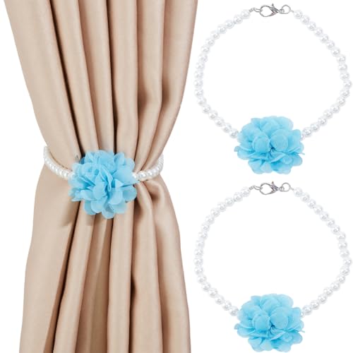 DELORIGIN Vorhang-Raffhalter mit Perlen, elegante Blumenhalterungen, dekorative Vorhanghalter mit Karabinerverschlüssen für Zuhause, Wohnzimmer, Schlafzimmer, Büro, Fenster, 2 Stück (blau) von DELORIGIN