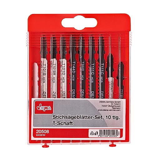 Stichsägeblätter Stichsäge Sägeblätter Set 10 tlg. T-Schaft DSSB10 6-21 TPI 76 + 100 mm von DEMA