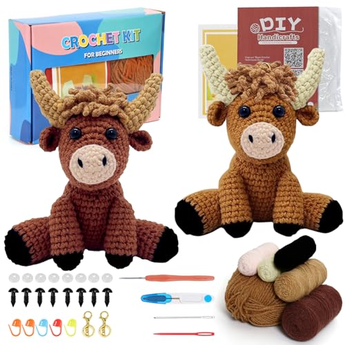 DEMIUKO Häkeln für Anfänger Tiere Häkelset 2 Stück Hochlandrind Strickset für Erwachsene Kinder Stricken Set für Geschenk Crochet Kit mit Video Anleitung Häkelnadel Garn DIY Häkel Zubehör Bastelset von DEMIUKO