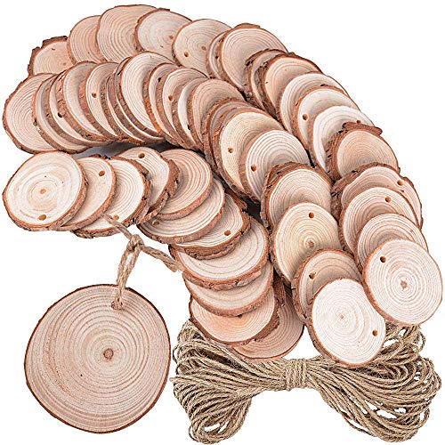 DEOMOR 50 Stück Holzscheiben 5-6cm rund + 10 Meter Juteschnur Holz Deko Basteln Baumscheiben Natur zum Basteln Bemalen für DIY Handgemachte Hochzeit Handwerk Weihnachten Dekoration von DEOMOR