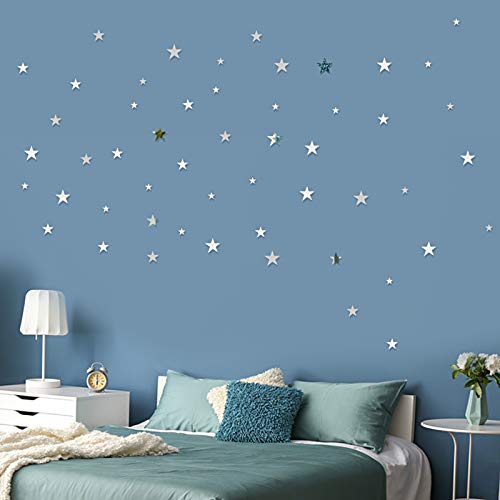 60 Stk Spiegelfliesen Wandaufkleber Sterne Selbstklebend Wandsticker 3d Spiegel Aufkleber Wandbilder Wand Dekoration für Wohnzimmer Badezimmer Schlafzimmer TV Hintergrund (Silber) von DEOMOR