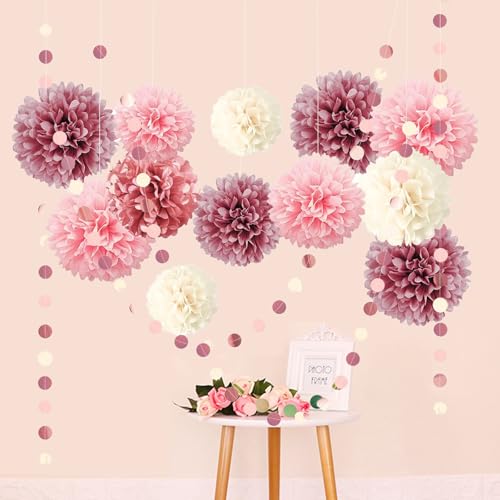 Geburtstagsdeko Rosa Weiß Hochzeitsdekoration 15 Stück Lotusrosa Beige Seidenpapier Pompons Papier Girlande Hängende Dekoration für Verlobung Boho Hochzeit Babyparty von DEQIANDUO