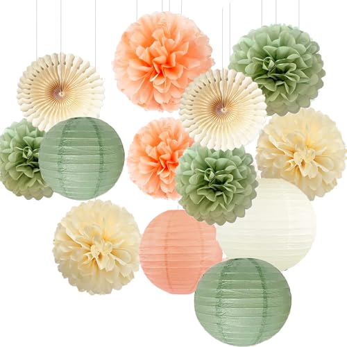 Salbeigrün Party Deko Pompons Grün Rosa Beige Papierfächer Papierlaternen Salbei Geburtstag Mädchen Frau Deko mit Kreisgirlande für Vintage Babyparty Deko Beige Geburtstagsdeko Hochzeitsdeko von DEQIANDUO