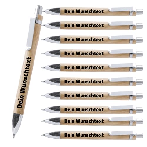 DER WERBEMARKT Personalisierte Kugelschreiber Bambus mit Wunschtext - Individuelle Laser-Gravur - Blaue Tinte - Druckkugelschreiber mit eigenem Text - Werbegeschenk Holz Kugelschreiber (50stk.) von DER WERBEMARKT