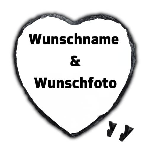 Personalisierte Herzschieferplatte mit Foto - Herz Schiefertafel personalisiert - Individueller Fotodruck - Dein Foto auf einer Schieferplatte - Schiefertafel mit Staffelei - Zum Aufstellen von DER WERBEMARKT