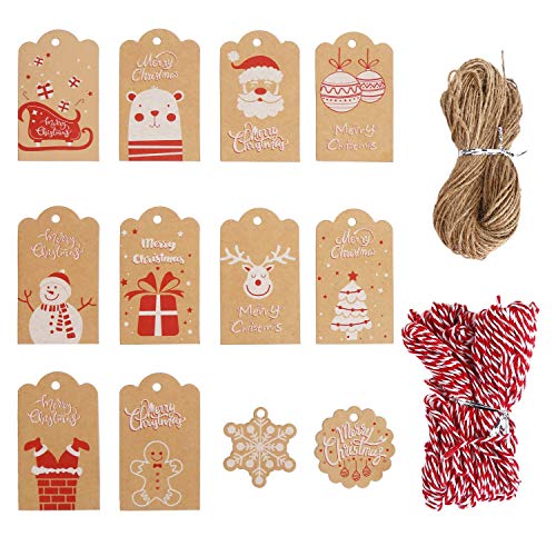DERAYEE Weihnacht 102 stück Kraftpapier Geschenkanhänger Anhänger Etiketten 5x7.5cm mit Jute-Schnur 31m und rot/weiß Baumwollgarn 31m,12 Designs für Weihnachten von DERAYEE