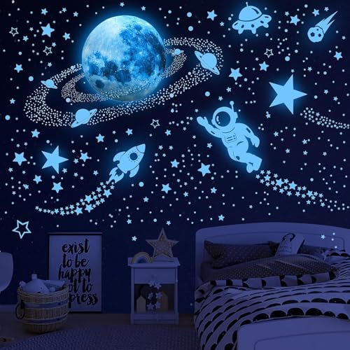 Leuchtsterne Kinderzimmer Sterne leuchtend Selbstklebend Wandsticker Wandaufkleber Kinderzimmer Junge Mädchen Kinder Mond Astronaut Leucht Aufkleber Schlafzimmer Wohnzimmer Wandtattoo von DESERT CAMEL
