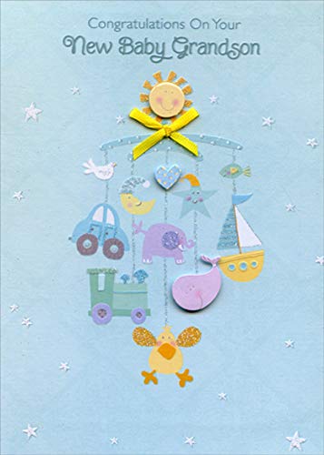 Designer Greetings Mobile with Tip On 3D Face, Heart, Whale and Yellow Ribbon Hand Decorated Designer Boutique Keepsake New Baby Grandson Congratulations Card von DESIGNERGREETINGS