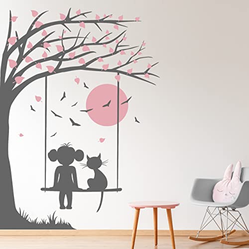 DESIGNSCAPE® Wandtattoo Baum mit Schaukel und Mond | Kinderzimmer Wanddeko | Farbe 1: pastell-rosa | Größe: klein (87 x 120 cm) von DESIGNSCAPE