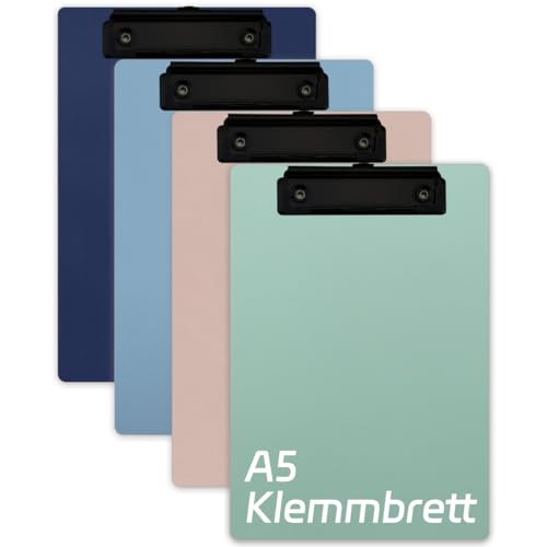 A5-Klemmbretter, 4er Set (15,5 x 22,5 cm) mit schwarzen Metallklemmen - Stabile Zwischenablage für Schule, Büro & Gastronomie - 4 Farben (Dunkelblau, Hellblau, Hellgrün, Pink) von DESSY&BILI