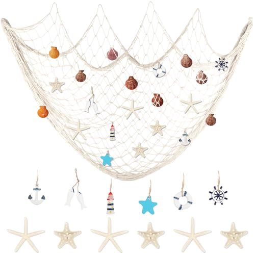 DETENE 22 Pcs Fischernetz Dekoration mit Muscheln 2*1.5M Nautisches Fischernetz Partydekorationen Fischernetz Wand Dekoration Maritime Deko für Strandpartys Hochzeiten Fotografie Wanddekoration(Beige) von DETENE