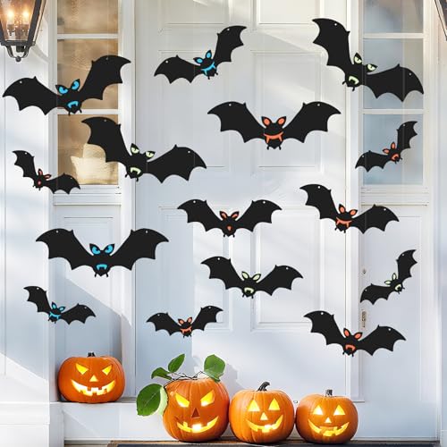Detene 15 Stück Halloween Fledermaus Deko, Fledermaus Dekosticker ，Wasserfeste, realistische schwarze schaurige Fledermäuse in 3 Größen, klebend & hängbar, 3 anpassbare Ausdrücke，für Innen & Außen von DETENE
