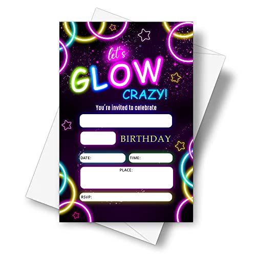 DETIHO Geburtstagsparty-Einladungskarten mit Umschlägen, 10,2 x 15,2 cm, Let's Glow Crazy – Neon-Party-Einladung, 20 Sets – E22 von DETIHO