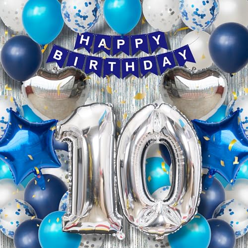 10. Geburtstagsdeko Jungen - Blau Silber Luftballon Set mit XXL Zahl 10, 40 Latexballons, 4 Folienballons, Silbervorhang & Happy Birthday Banner, Party Deko für 10 Jahre Jungen Geburtstag 10. Geburtstagsdeko Jungen - Blau Silber Luftballon Set mit XXL Zahl 10, 40 Latexballons, 4 Folienballons, Silbervorhang & Happy Birthday Banner, Party Deko für 10 Jahre Jungen Geburtstag von DEUXYU