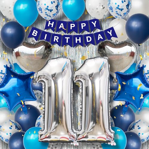 11. Geburtstagsdeko Jungen - Blau Silber Luftballon Set mit XXL Zahl 11, 40 Latexballons, 4 Folienballons, Silbervorhang & Happy Birthday Banner, Party Deko für 11 Jahre Jungen Geburtstag 11. Geburtstagsdeko Jungen - Blau Silber Luftballon Set mit XXL Zahl 11, 40 Latexballons, 4 Folienballons, Silbervorhang & Happy Birthday Banner, Party Deko für 11 Jahre Jungen Geburtstag von DEUXYU