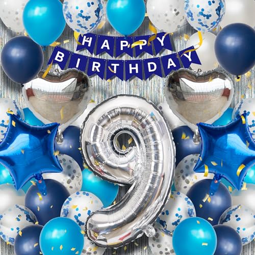 9. Geburtstagsdeko Jungen - Blau Silber Luftballon Set mit XXL Zahl 9, 40 Latexballons, 4 Folienballons, Silbervorhang & Happy Birthday Banner, Party Deko für 9 Jahre Jungen Geburtstag 9. Geburtstagsdeko Jungen - Blau Silber Luftballon Set mit XXL Zahl 9, 40 Latexballons, 4 Folienballons, Silbervorhang & Happy Birthday Banner, Party Deko für 9 Jahre Jungen Geburtstag von DEUXYU