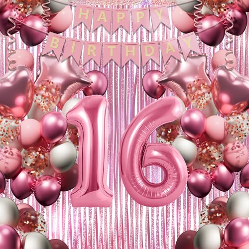 16. Geburtstagsdeko Mädchen, Rosa-Weiß Geburtstag Luftballons Set mit XXL Zahl 16, 40 Latexballons, 4 Folienballons, Rosavorhang & Happy Birthday Banner usw, Party Deko für 16-jährige Junge Frau 16. Geburtstagsdeko Mädchen, Rosa-Weiß Geburtstag Luftballons Set mit XXL Zahl 16, 40 Latexballons, 4 Folienballons, Rosavorhang & Happy Birthday Banner usw, Party Deko für 16-jährige Junge Frau von DEUXYU