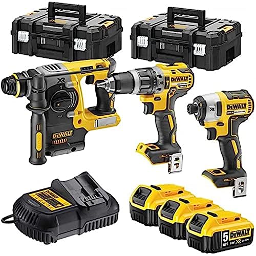 DEWALT Werkzeugset XR 18 V Bürstenlos, kabellos, Bohrmaschine, kompakter Schlagschrauber, Schlagschrauber, SDS-Plus, XR 18 V 5 Ah Li-Ion, 3 Batterien, 2 Koffer TSTAK DCK368P3T-QW von DEWALT