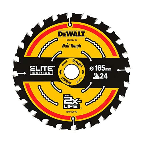 Dewalt Elite Kreissägeblatt DT10624 (Sägeblatt-ø 165/20 mm, Schnittbreite: 1,65 mm, 24 Zähne, Zahngeometrie: WZ, Zahnwinkel: 18°, ultra-scharfe Hartmetall-Zähne, mit Nail Tough, für Universal-Einsatz) von Dewalt