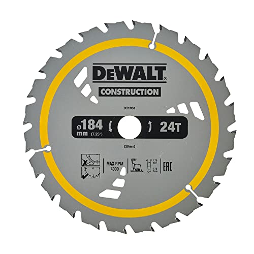 Dewalt Bau-Kreissägeblatt Construction für Akku-Handkreissäge DT1951 (184/20mm 24WZ, 18° Zahnwinkel, 1,5mm Schnittbreite, universell einsetzbar, mit Nail Tough zum Sägen von Holz mit Nägeln) Dewalt Bau-Kreissägeblatt Construction für Akku-Handkreissäge DT1951 (184/20mm 24WZ, 18° Zahnwinkel, 1,5mm Schnittbreite, universell einsetzbar, mit Nail Tough zum Sägen von Holz mit Nägeln) von DEWALT