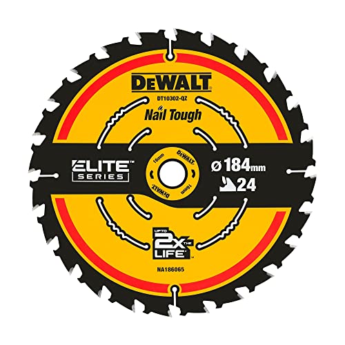 Dewalt Elite Kreissägeblatt DT10302 (Sägeblatt-ø 184/16 mm, Schnittbreite: 1,65 mm, 24 Zähne, Zahngeometrie: WZ, Zahnwinkel: 18°, ultra-scharfe Hartmetall-Zähne, mit Nail Tough, für Universal-Einsatz) von Dewalt