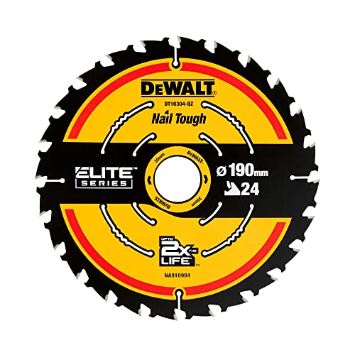 Dewalt Elite Kreissägeblatt DT10304 (Sägeblatt-ø 190/30 mm, Schnittbreite: 1,65 mm, 24 Zähne, Zahngeometrie: WZ, Zahnwinkel: 18°, ultra-scharfe Hartmetall-Zähne, mit Nail Tough, für Universal-Einsatz) von Dewalt