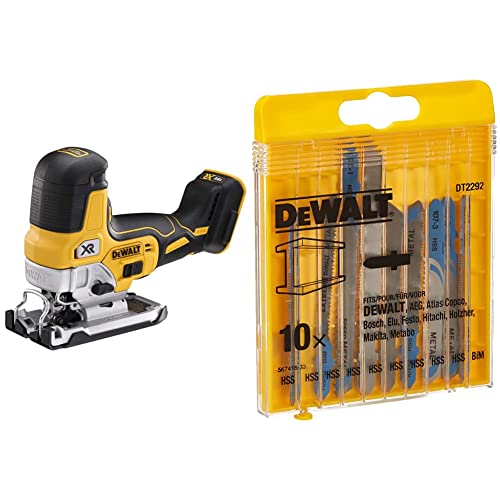 Dewalt DCS335NT-XJ Akku-Stichsaege, 18 V (Basisversion ohne Akku und Ladegerät) + DeWalt HSS Stichsägenblätter, 10 Stück (für Metall) DT2292 von DEWALT