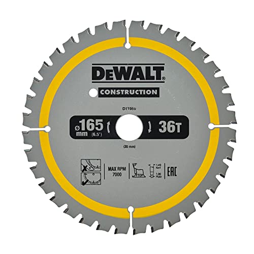 Dewalt Bau-Kreissägeblatt Construction für Akku-Handkreissäge DT1950 (165/20mm 36WZ, 20° Zahnwinkel, 1,5mm Schnittbreite, für feine Schnitte & Aluminium, mit Nail Tough zum Sägen von Holz mit Nägeln) von DEWALT