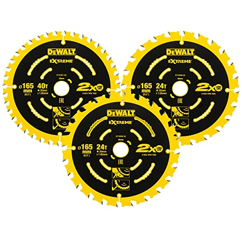 Dewalt Elite Kreissägeblatt-Set DT10397 (3er Set bestehend aus 2x 24 Zähne, 1x 40 Zähne, Sägeblatt-ø 165/20 mm, Schnittbreite: 1,65 mm, WZ, 18°, ultra-scharfe Hartmetall-Zähne, mit Nail Tough) von DEWALT