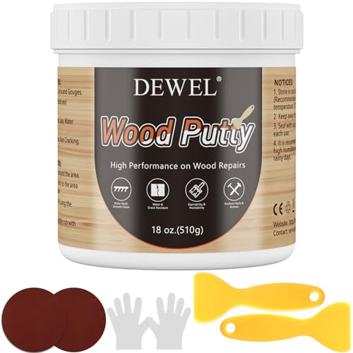 DEWEL 500 g weißer Holzspachtelmasse, Holzspachtel zum Füllen von tiefen Löchern, Holzspachtel für den Außenbereich, inklusive 4 Schleifpapierkarten, Körnung 240 (10 x 10 x 9 cm, Weiß) von DEWEL