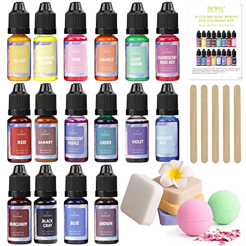DEWEL Seifenfarbe Set 16 Farben x 10 ml, Flüssig Seifenfarben für die Seifenherstellung, Handgemachte Seifen, DIY Badebomben, Seifen Machen, Schleim, Kunsthandwerk, Epoxidharz Farbe von DEWEL