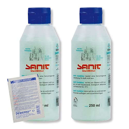 DEWEPRO-Set: SANIT GleitMittel (3079) - 2 Flaschen à 250ml - DVGW-zertifiziert - das perfekte Gleitmittel zur Montage aller Rohrverbindungen, inkl. 1 St. DEWEPRO® Single Scrubs von DEWEPRO