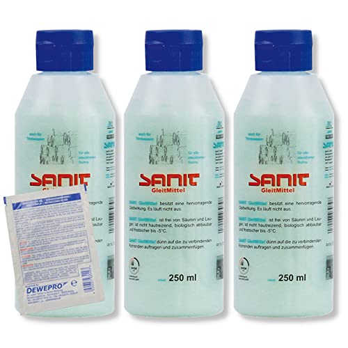 DEWEPRO-Set: SANIT GleitMittel (3079) - 3 Flaschen à 250ml - DVGW-zertifiziert - das perfekte Gleitmittel zur Montage aller Rohrverbindungen, inkl. 1 St. DEWEPRO® Single Scrubs von DEWEPRO