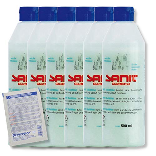 DEWEPRO-Set: SANIT - GleitMittel 3087-6 Flaschen à 500ml - das perfekte Gleitmittel zur Montage aller Steckmuffen-Verbindungen, inkl. 1 St. DEWEPRO® Single Scrubs von DEWEPRO