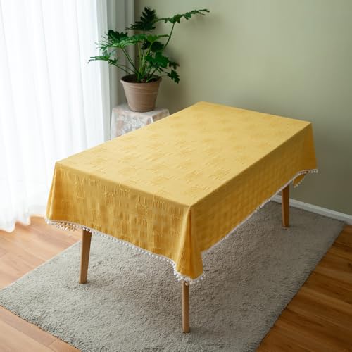 Baumwoll-Leinen-Tischdecke | Quaste Tischdecke | Rechteckige Tischtuch mit Quaste | Waschbare Tafeldeckes | für Home Küche Speisetisch Dekoration (Gelb,140 x 300 cm) von DEZYPZAM
