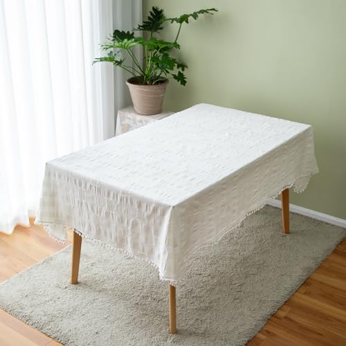 Baumwoll-Leinen-Tischdecke | Quaste Tischdecke | Rechteckige Tischtuch mit Quaste | Waschbare Tafeldeckes | für Home Küche Speisetisch Dekoration (Weiß,140 x 300 cm) von DEZYPZAM