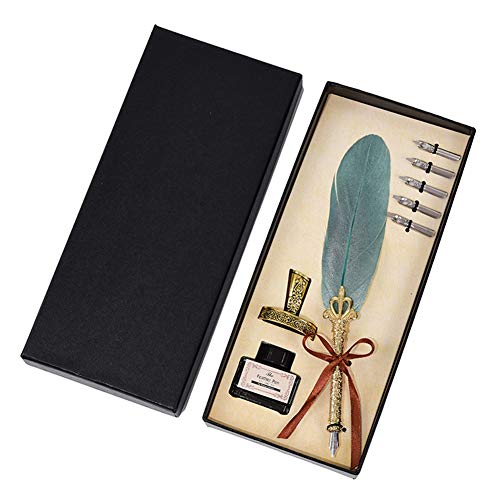 DFAMIN Vintage Kalligraphie-Feder-Tauchstift, modischer Stiftgriff, 2/5 Federn, Schreibset, Füllfederhalter, Schreibset, Geburtstags- / Weihnachtsgeschenk (5 Federn, Grün, B) von DFAMIN