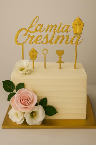 Set Topper Torte Konfirmation Gold – 4 Stück aus verspiegeltem Plexiglas – Schriftzug "La mia confirmation" + Pastoral, Taube und Mitra – elegante Dekorationen Set Topper Torte Konfirmation Gold – 4 Stück aus verspiegeltem Plexiglas – Schriftzug "La mia confirmation" + Pastoral, Taube und Mitra – elegante Dekorationen von DFPRIME