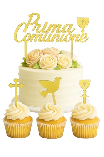Torten-Topper-Set zur Erstkommunion, goldfarben, 4 Stück aus verspiegeltem Plexiglas – Aufschrift "Erstkommunion" + Mini-Topper Kelch, Taube und Kreuz – elegante Dekoration für Kuchen und Buffet Torten-Topper-Set zur Erstkommunion, goldfarben, 4 Stück aus verspiegeltem Plexiglas – Aufschrift "Erstkommunion" + Mini-Topper Kelch, Taube und Kreuz – elegante Dekoration für Kuchen und Buffet von DFPRIME