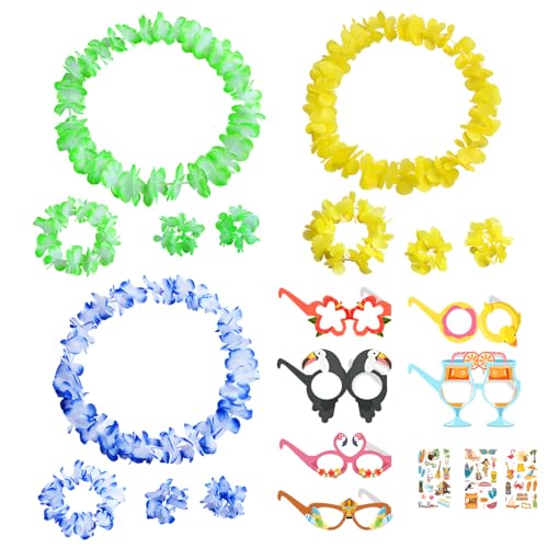 DGMI Blumenkette Deko, Hawaii Outfit Damen, 12 Stück Blumenketten Hawaii, 6 Stück Aufkleber, 3 Stück Brille für Tropisches Luau Strand Geburtstag Party Zubehör von DGMI
