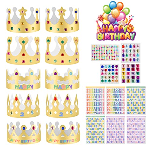10 Stück Golden Paper Crowns, Krone Papier, Geburtstagshut mit Selbstklebende Strasssticker und Alphanumerische Aufkleber, Papier Krone Partyhüte, Königskronen-Partyhüte für Jungen, Mädchen, Party von DGN