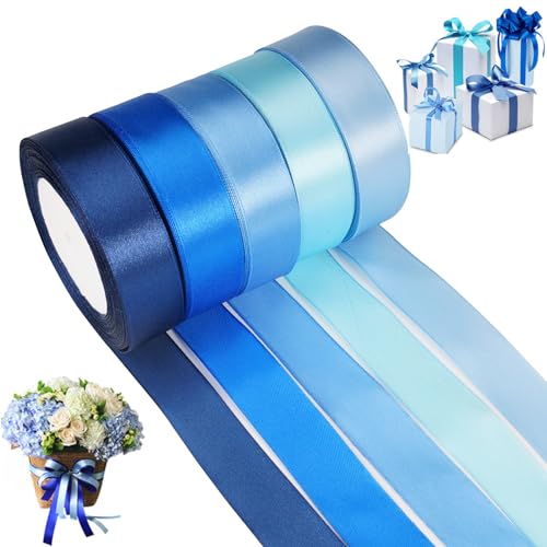 DGN 5 Rollen Geschenkband Blau, 22mx25mm Satinband Dekoband, Geschenkband Schleifenband, Stoffband Set, Bänder für Geschenk, Basteln, Nähprojekte, Haarschleifen, Brautstrauß, Hochzeits Dekoration von DGN